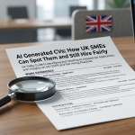 A modern office desk featuring a printed document titled "AI Generated CVs," a magnifying glass, a metallic pen, a laptop displaying recruitment analytics, and a small UK flag in the background.