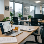 An empty, modern office desk with an open laptop displaying candidate insights profiles, alongside documents, a desk phone, and a mug of tea, with a wall sign reading "AI in HR".