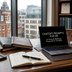 An open laptop on a wooden desk displaying "ChatGPT Prompts for HR," surrounded by notebooks, a fountain pen, eyeglasses, a mug, and a bookshelf near a window.