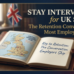 A classic executive desk with an open notebook showing a UK map and the text "Key to Retention," alongside bold typography reading "STAY INTERVIEWS for UK SMEs: The Retention Conversation Most Employers Skip."