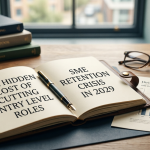 An open leather-bound journal on a wooden desk displaying text about entry-level roles and SME retention, flanked by a fountain pen, reading glasses, a magnifying glass, and a hiring trends chart.