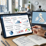 A modern UK office desk featuring a tablet displaying an HR workforce analytics dashboard titled 'Predict Employee Turnover: UK SME Signals' with charts for engagement, tenure risks, and market pay alignment. Next to it sits an open notebook with notes on 'Stay Conversations' and a laptop showing a UK map.