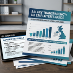 A professional office desk featuring printed documents on UK pay transparency alongside a tablet displaying a GOV.UK job advert rationale draft.