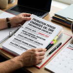 Overhead view of an office desk with hands holding a printed UK probation period checklist, alongside a clock and a calendar highlighting January 1, 2027