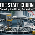 Blog post thumbnail titled "STOP THE STAFF CHURN CYCLE: UK SMEs: Breaking the Hiring Repeat in 2026," featuring a circular conveyor belt metaphorically moving office chairs, resumes, and "Hired" and "Resigned" stamps.