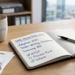 A realistic thumbnail image for a blog post, featuring a mug with 'UK SME' text, a notebook with 'SME Hiring Data 2026' and stats, crumpled job applications, and a 'CIPD REPORT'.
