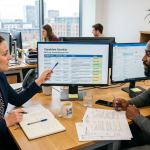 UK SME hiring manager reviewing a candidate shortlist on screen with a colleague, notes and printed CVs on the desk