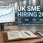 Office desk featuring a vacancy growth chart on a computer monitor alongside bold text reading "UK SME HIRING 2027: THE SIX-MONTH WINDOW STARTS NOW" and an October 2026 to April 2027 timeline.