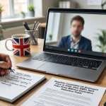 An interviewer takes notes during a pixelated video call with a deepfake candidate, alongside a paper about detection.