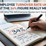 Hands typing on a laptop displaying a UK employee turnover rate analytics dashboard.